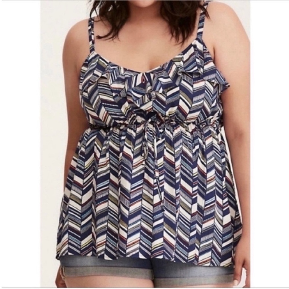 Torrid Challis Ruffle Babydoll tank top blue white chevron